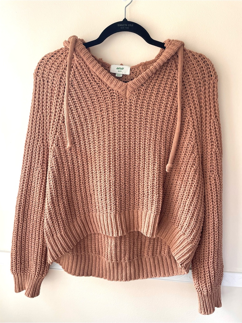 aerie V-Neck Hooded Knit Sweater in tan